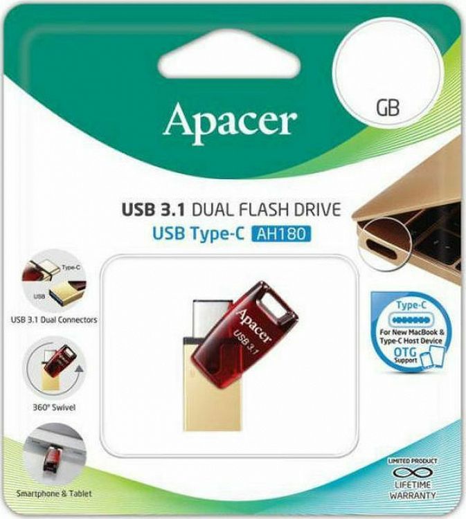 USB 3.1 DUAL FLASH DRIVE 64GB AH180 GEN & TYPE C RED APACER