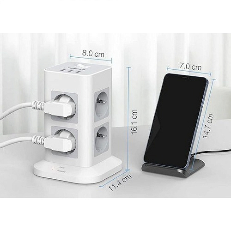 SURGE PROTECTOR TOWER 11 IN 1 8xSCHUKO, 2xUSB, 1xTYPE-C, 2M CABLE TESSAN