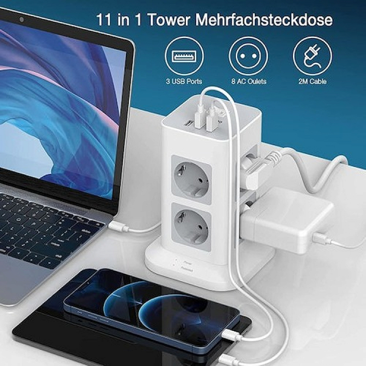 SURGE PROTECTOR TOWER 11 IN 1 8xSCHUKO, 2xUSB, 1xTYPE-C, 2M CABLE TESSAN