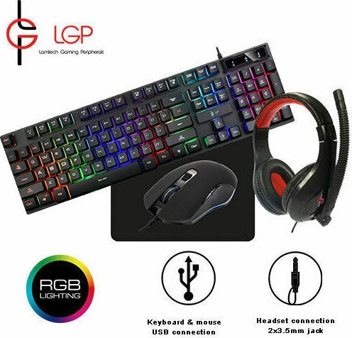 GAMING COMBO SET 4 IN 1 RGB (KEYBOARD-MOUSE-HEADSET-MOUSEPAD) MERCURY LGP