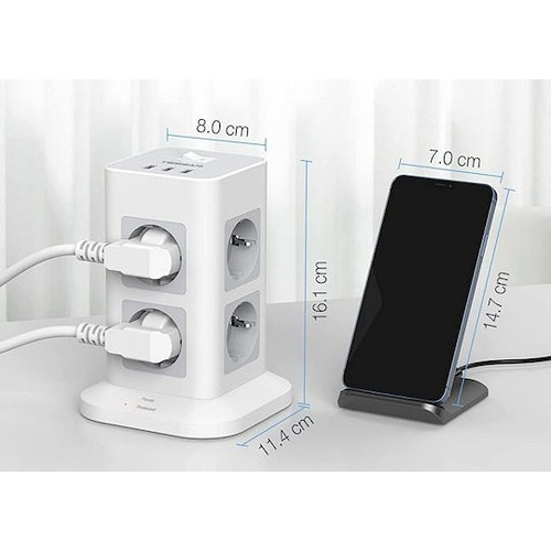 SURGE PROTECTOR TOWER 11 IN 1 8xSCHUKO, 2xUSB, 1xTYPE-C, 2M CABLE TESSAN