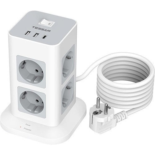 SURGE PROTECTOR TOWER 11 IN 1 8xSCHUKO, 2xUSB, 1xTYPE-C, 2M CABLE TESSAN
